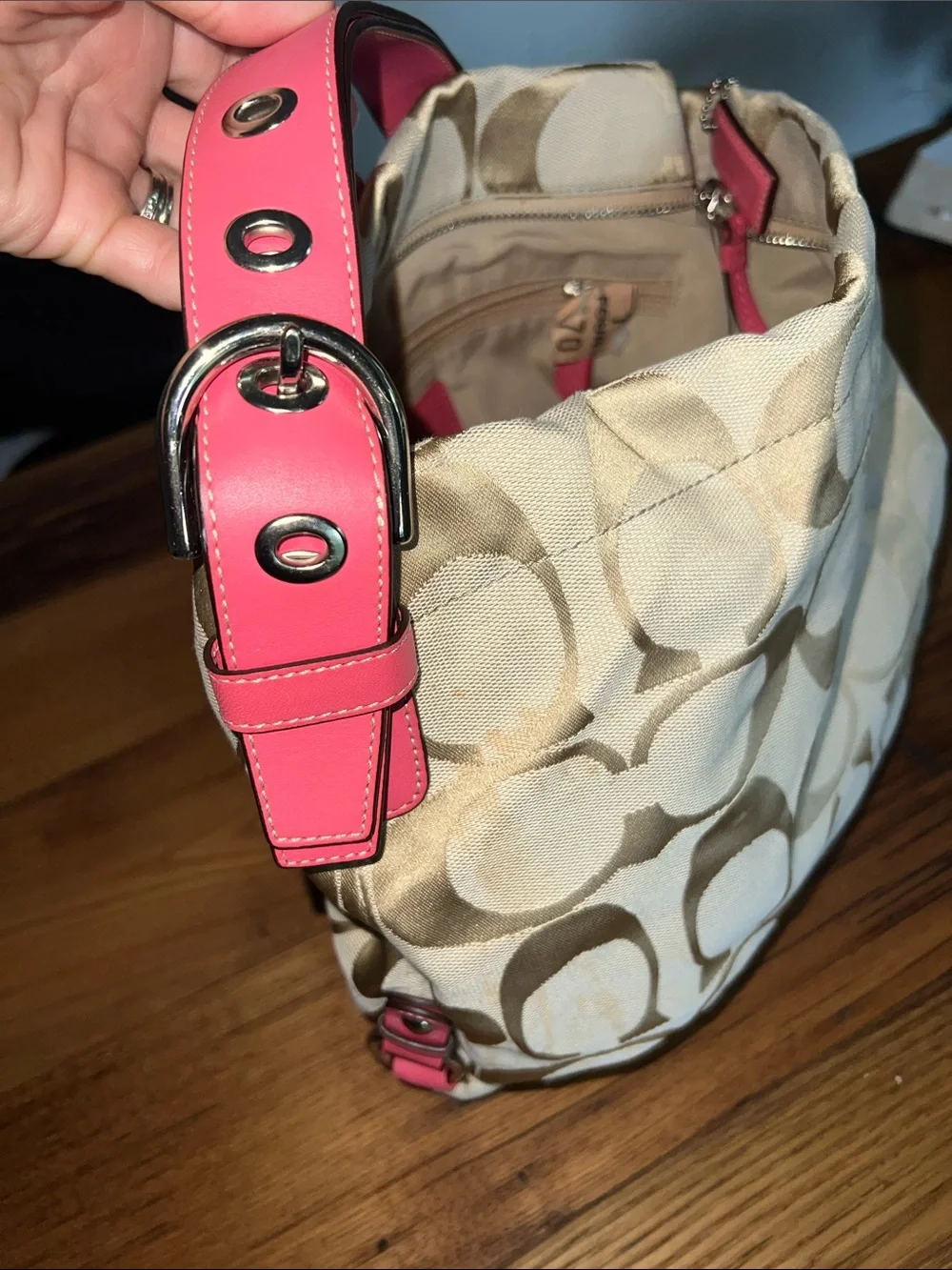 Coach Beige Signature Canvas Shoulder Bag with Pink Leather Strap